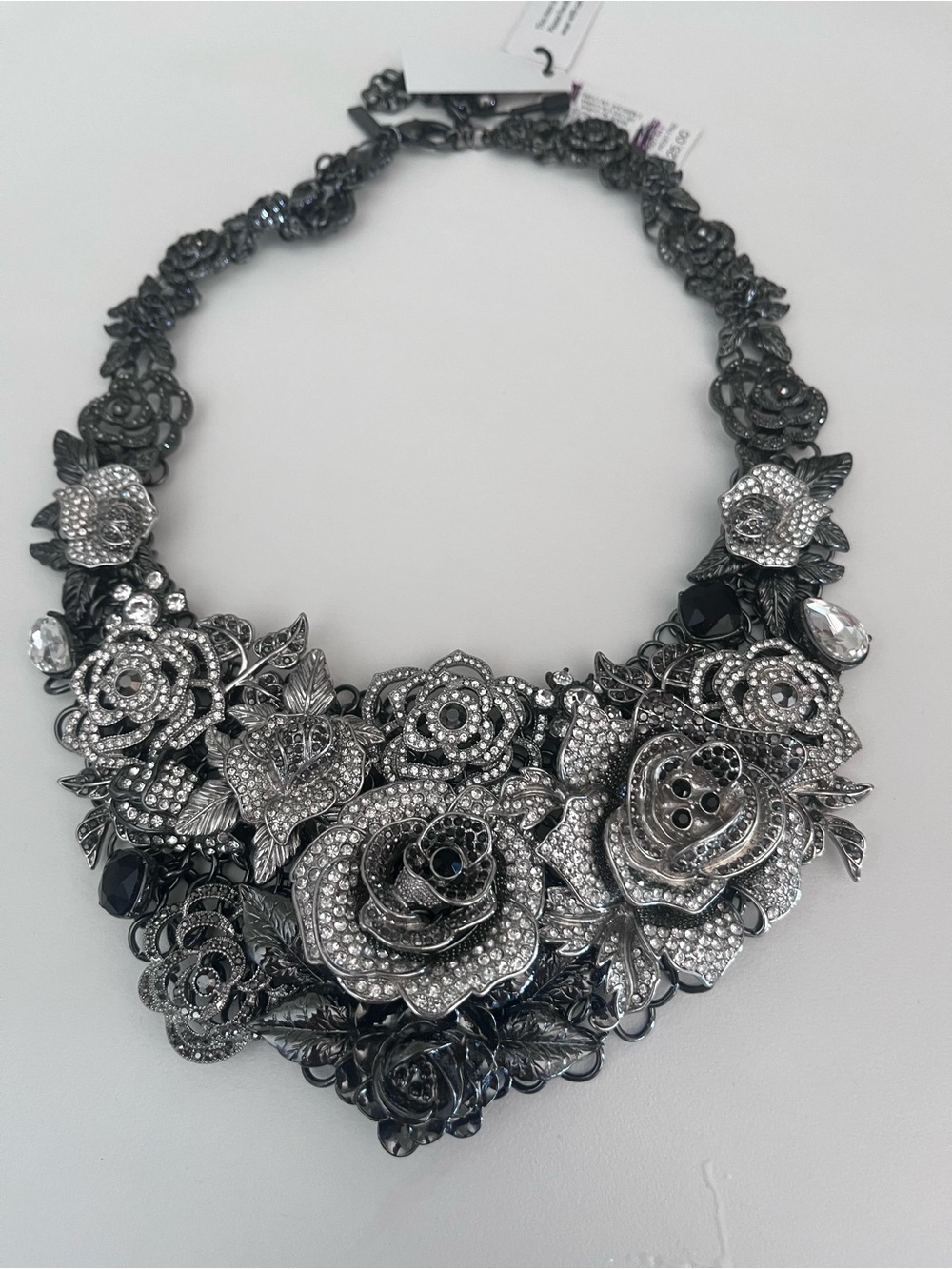 White House Black Market Gunmetal and Silver Floral Crystal Necklace